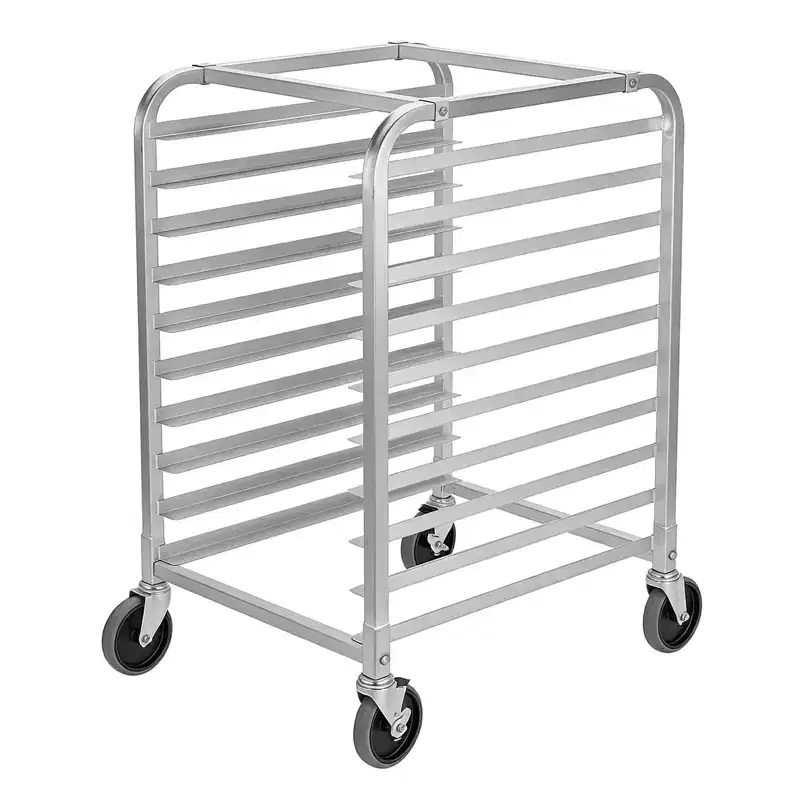 Aluminum Bun Pan Rack on Wheels, 15-Tier, Lockable Casters, Open Frame, for Kitchen & Bakery