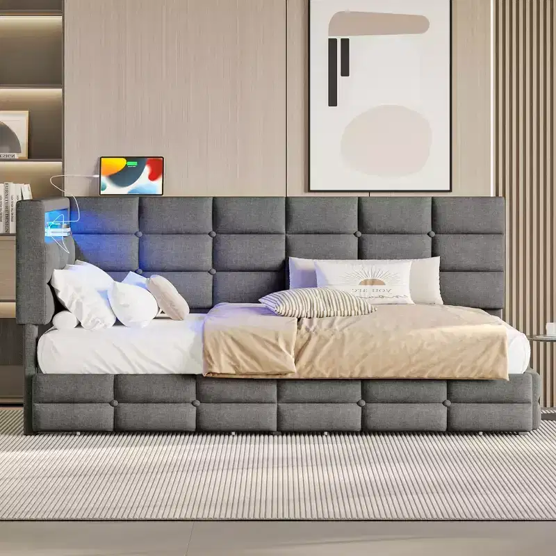 FAMYYT Twin Size Upholstered Daybed With 2 Drawers, Charging Station, LED Lights and Storage Headboard, Easy Assembly