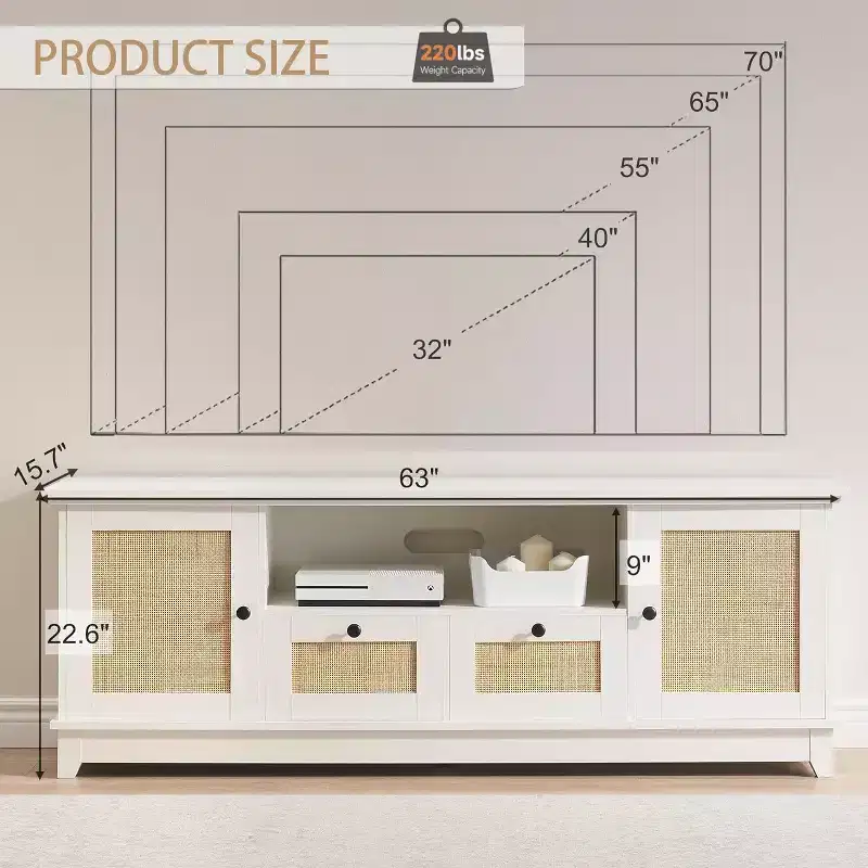 65 Inch Modern TV Stand with Rattan Mesh Doors - Stylish Media Console Cabinet with Storage Shelves for Living Room Entertainment