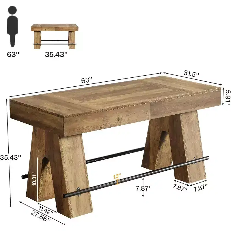 Lantine 63-Inch Bar Height Pub Table with Metal Footrest, High Top Dining Counter Table for Home Bar, Kitchen, Rustic Brown