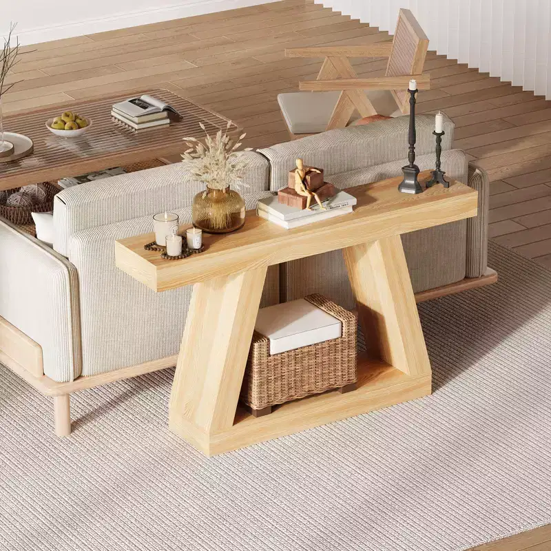 Farmhouse Console Table, 2-Tier Wooden Trapezium Sofa Table with Open Storage Shelf, Industrial Entryway Furniture for Entrance, Hallway, Living Room