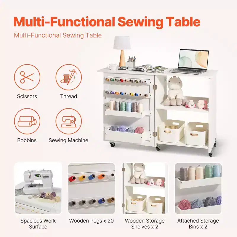 Folding Sewing Table with Wheels Peg Holders and Storage Shelves Compact Craft Station White