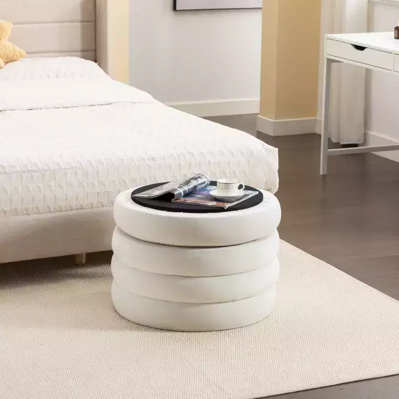 Velvet Fabric Storage Round Ottoman Footstool With Wooden Shelving,Ivory