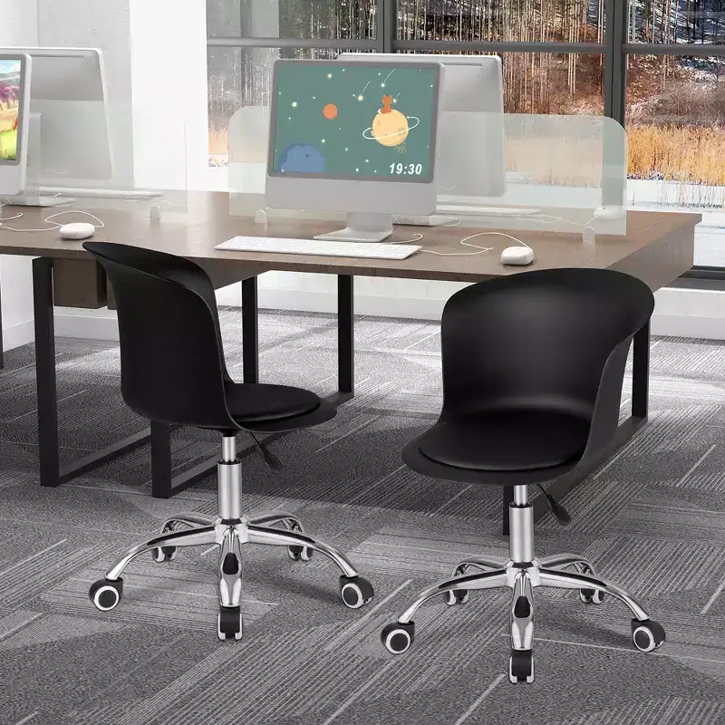 Costway Set of 2 Adjustable Office Chair Armless Swivel Desk Chair PU Leather Seat Black/White
