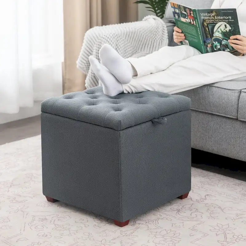 Adeco Fabric Square Ottoman with Tray