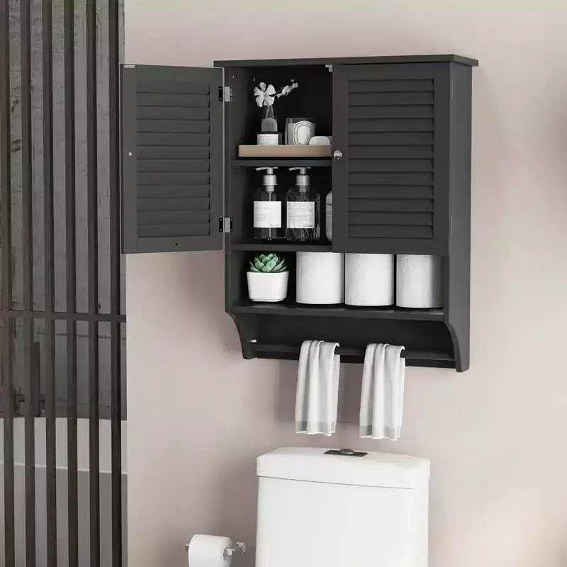 Bathroom Wall Mounted Medicine Cabinet with Louvered Doors & Towel Bar