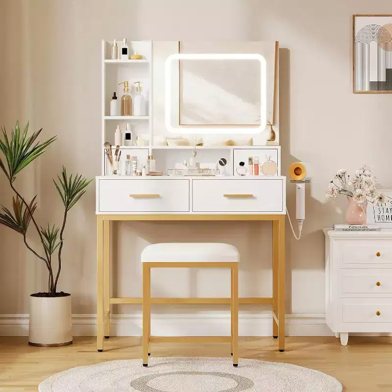 Acekool Vanity Desk with Mirror, 3 Lighting Modes, 4 Drawers, Side Shelves, Power Outlets, White Gold, 53 Wide