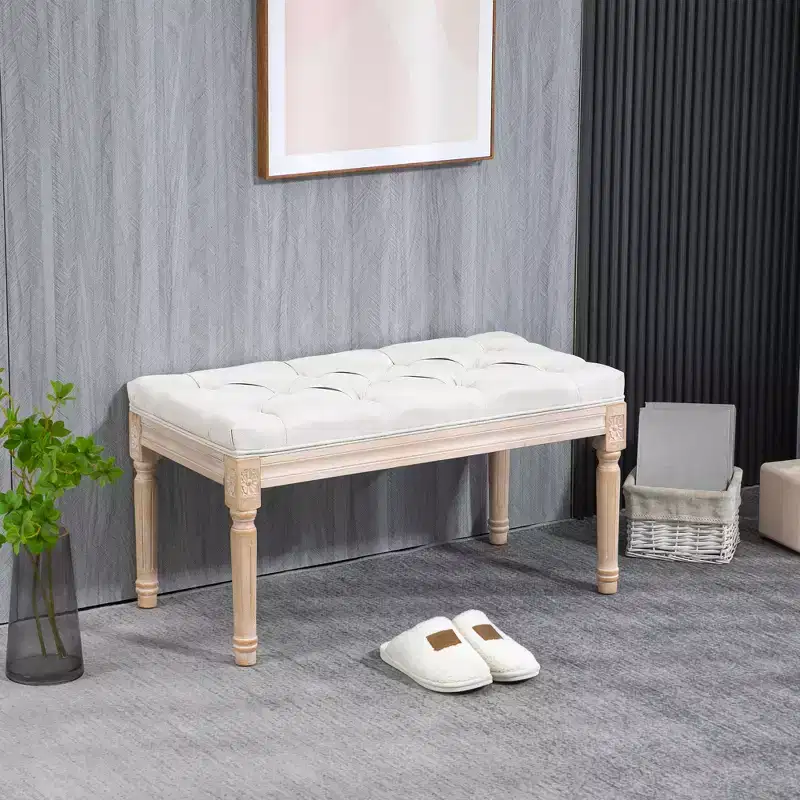 French Vintage Tufted Linen Bedroom Bench with Wood Legs