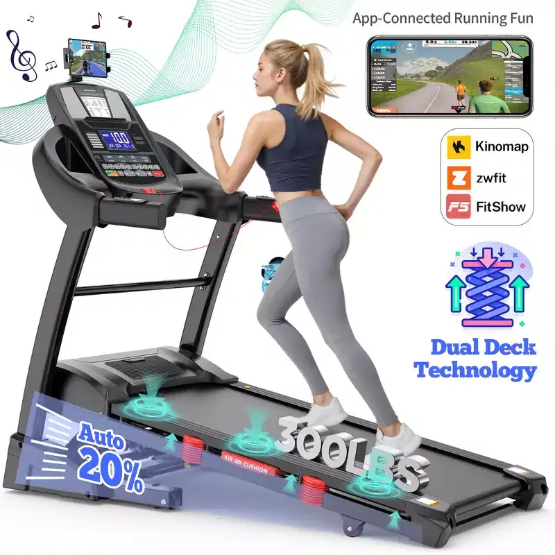 4.75HP Foldable Treadmill, 300lb Capacity,20% Auto Incline, Smart APP w/ Virtual Running Walking,64+3+3+1 Programs,12MPH, Portable Treadmill for Home