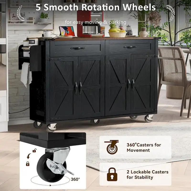53.5 Farmhouse Kitchen Trolley with Power Outlet, Drop Leaf, Spice Rack, and Drawers, Mobile Cart on Wheels