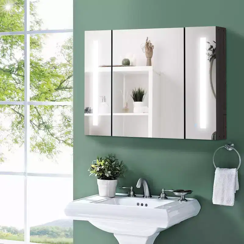 LED Lighted Medicine Cabinet with Mirror, 35.5W x 25.5H Wall Mounted Bathroom Cabinet with 3 Cupboards, Memory Function, USB Charge