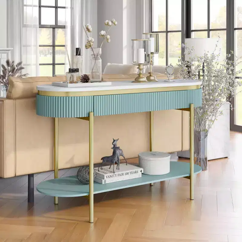 Faux Marble Sofa Table with Drawer, Gold Metal Frame, 48