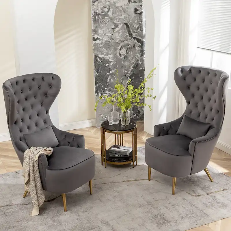 KINWELL Tufted High Wingback Accent Chairs Velvet Armchairs, Set of 2