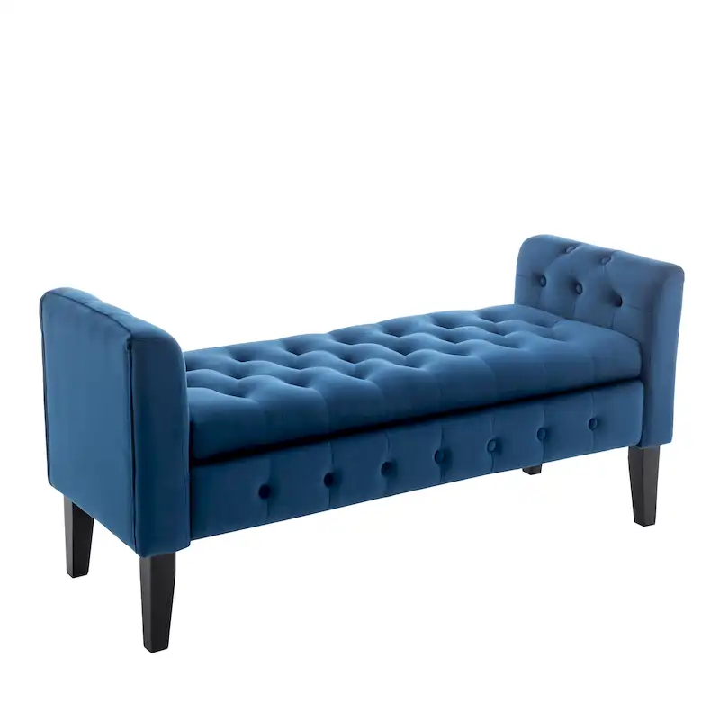 Velvet Button-Tufted Storage Bench with Rubberwood Legs 50