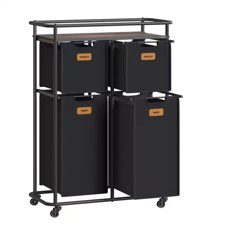 Rolling Laundry Sorter, 39.6 Gal. 4-Bag Hamper with Wheels & Top Shelf, Ink Black