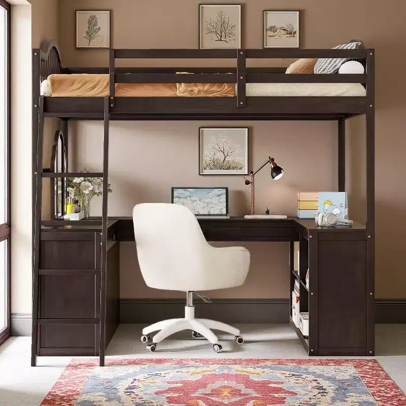 Full Size Wood Loft Bed with Built-In U-Shaped Desk, Vanity & Storage Shelves