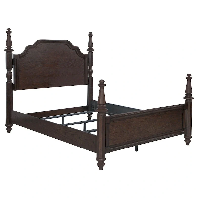 Dark Oak Brown King 4-Poster Bed with Carved Serpentine Headboard
