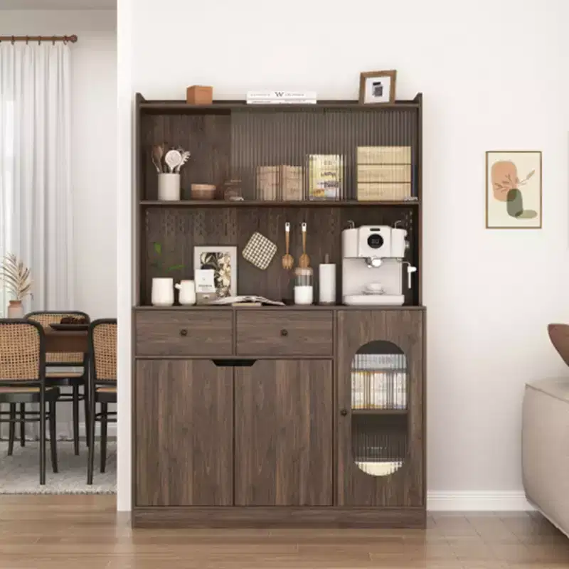 71 Tall Kitchen Pantry Storage Cabinet, Large Capacity Display Cabinet with Reeded Glass Doors and Microwave Stand, Bakers Racks with Storage