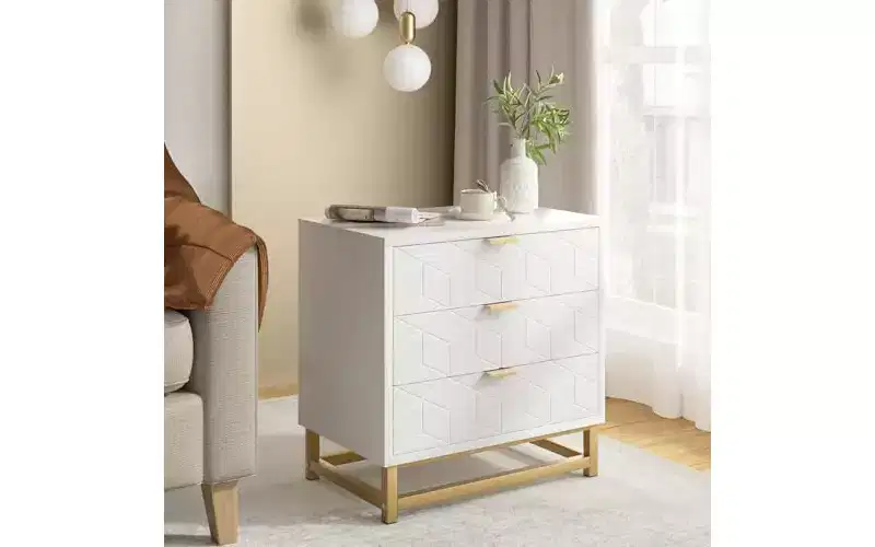 White 3-Drawer Wooden Organizer with Gold Metal Handles - Stylish Chest of Drawers