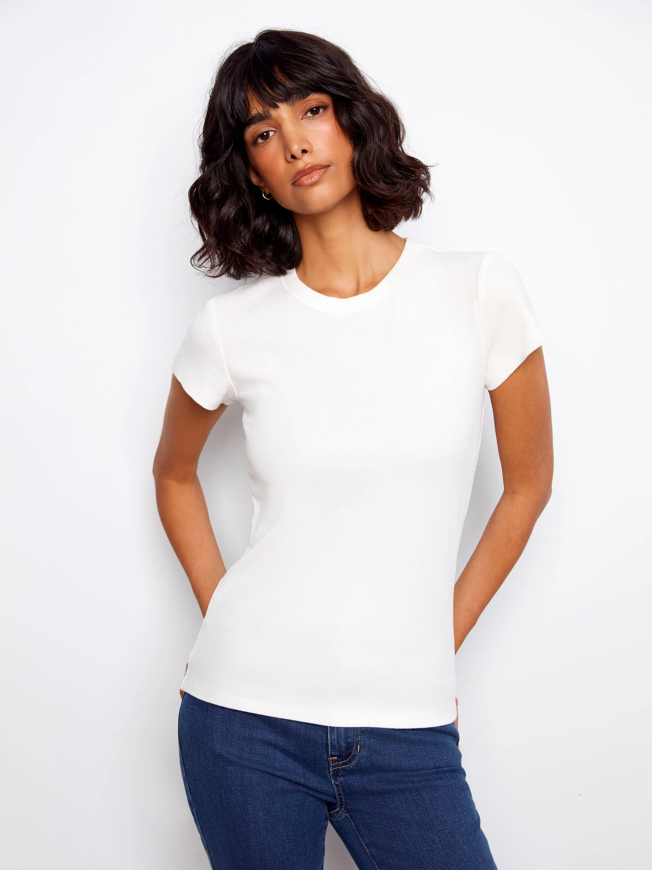 Soft Fabric Ribbed Crew Neck T-Shirt - White