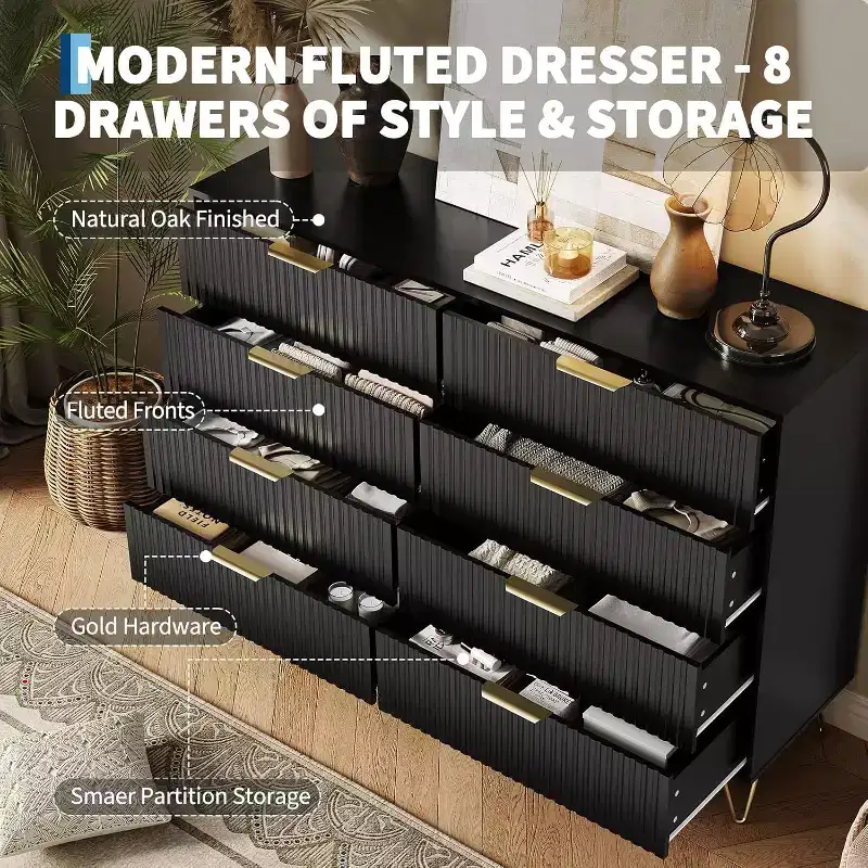 8-Drawer Fluted Wooden Dresser with Metal Handles