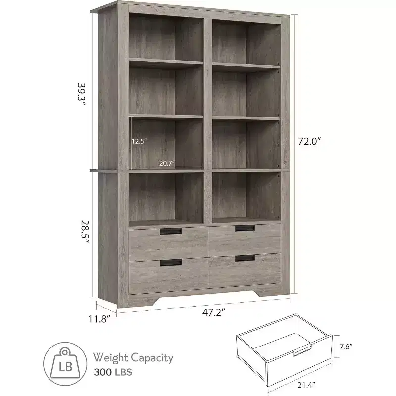 72 in Tall Double-Wide Bookcase with 8 Shelves and 4 Drawers, Farmhouse Storage, 47.2 W x 11.8 D