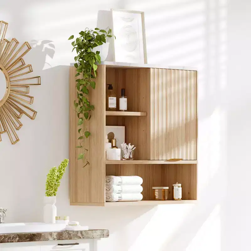 23Modern Fluted Wall Cabinet with Sliding Door, Faux Marble Top & Adjustable Shelf, Curved Medicine Cabinet for Bathroom or Laundry Room
