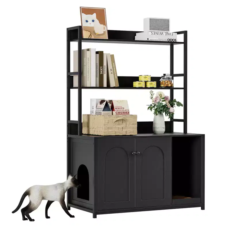 COZONY Large Litter Box Enclosure with Shelves & Doors, 52 Cat Litter Box Cabinet Furniture, Hidden Kitty Litter Box Enclosure with Scratch Pad