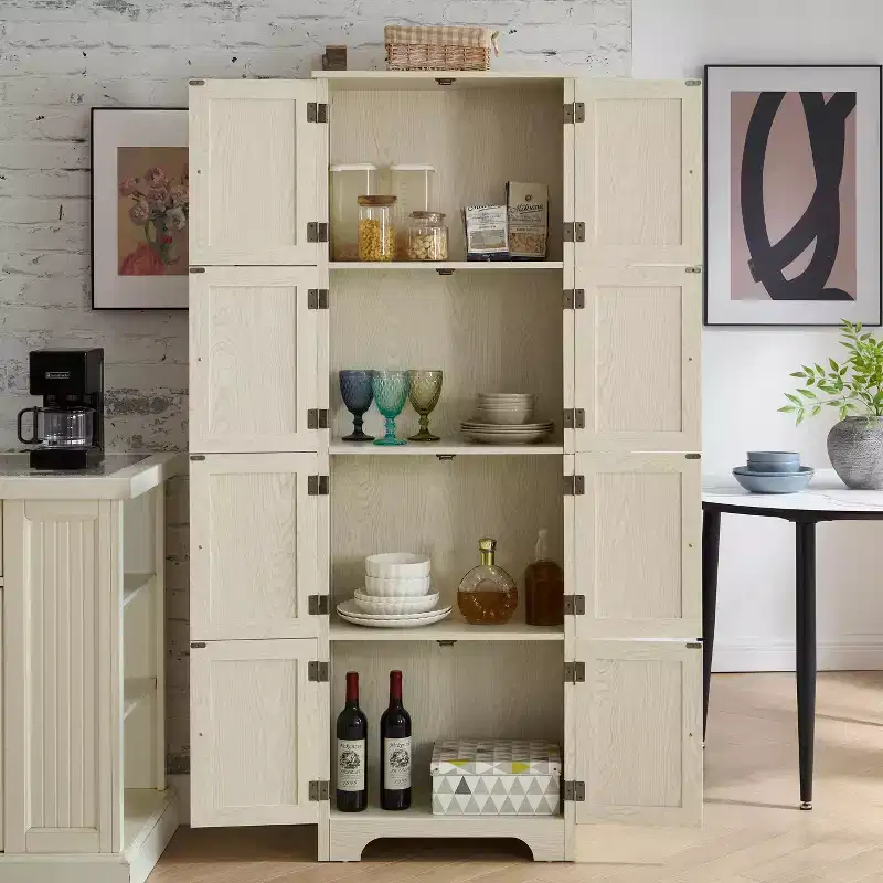 Farmhouse Tall Storage Cabinet with 8 Doors and 4 Shelves – 72