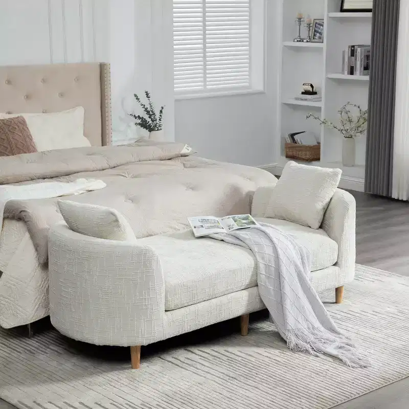 GDFStudio Agnes Modern 77 Chenille Upholstered Rubberwood Chaise Lounge with 2 Bolster Pillows