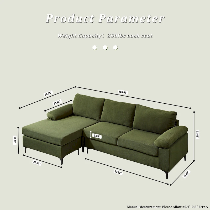 OVIOS Reversible Chaise Sofa With Fluffy Cushions Metal Legs