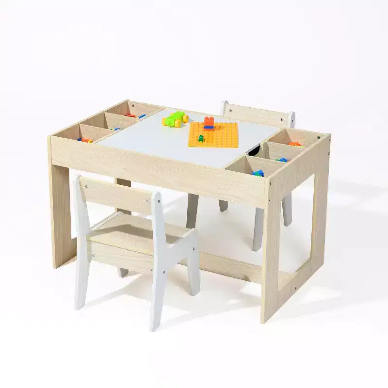 LuxenHome Drawing and Activity Board Children Table with 2 Chairs Set Brown
