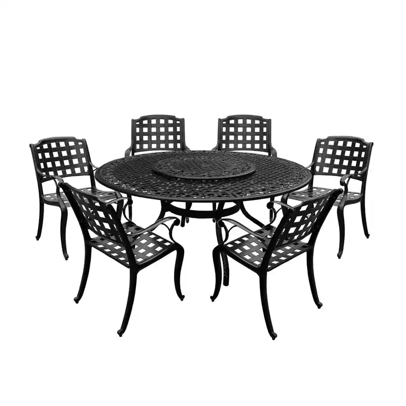 7pc Patio Dining Set with 59" Modern Ornate Outdoor Mesh Aluminum Round Table & Checker Chairs - Black - Oakland Living