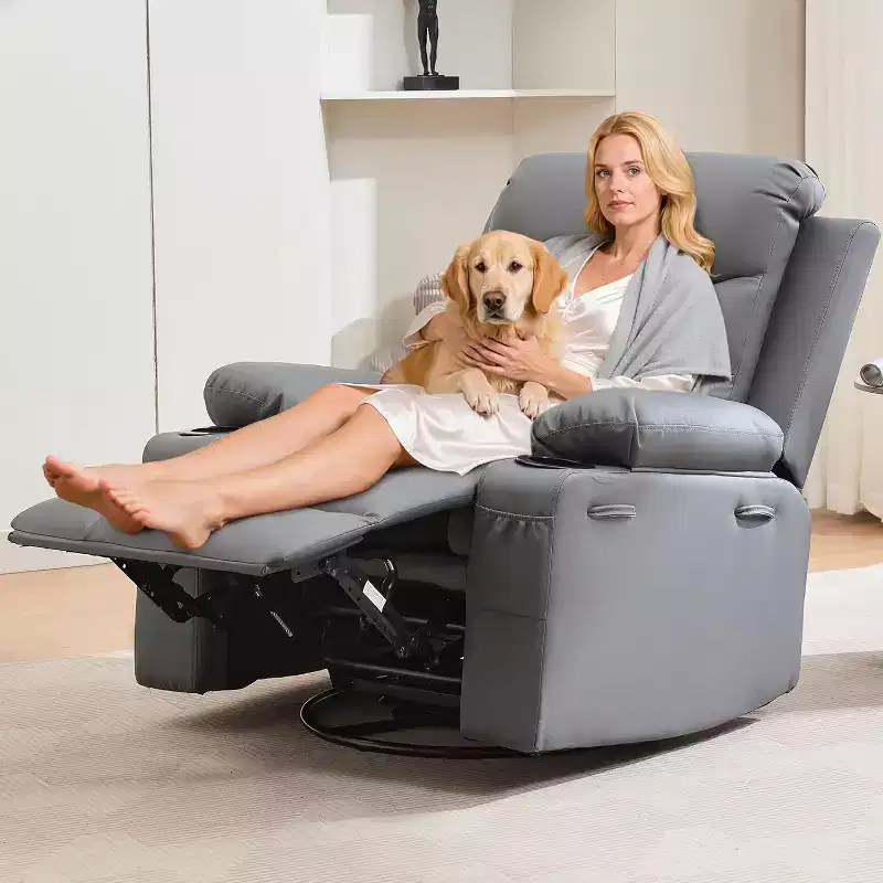 PU Leather Rocker Recliner Chair with Massage and Heat, Swivel Reclining Sofa with Cup Holder, Rocking Chair for Living Room, Bedroom