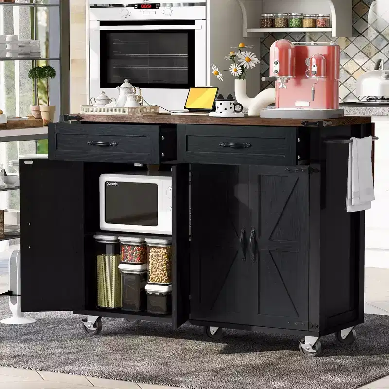 53.5 Black Farmhouse Kitchen Island with Drop Leaf, Rolling Kitchen Cart on Wheels for Home Kitchen Dining Room