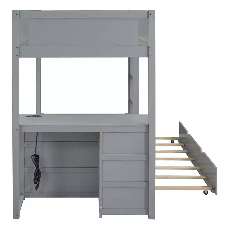 Bunk Bed with Trundle and Desk, Solid Wood Bunk Bed Frame with Storage Drawers and shelves for Kids Adults Bedroom