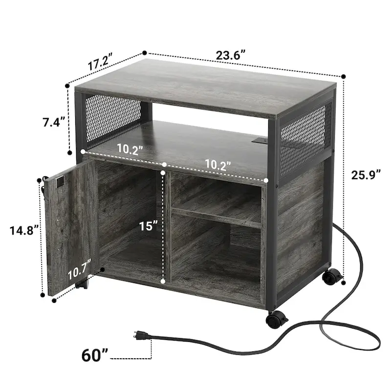 Rolling File Cabinet Lateral Office Filing Cabinets with Charging Station,Modern Printer Stand on Wheels