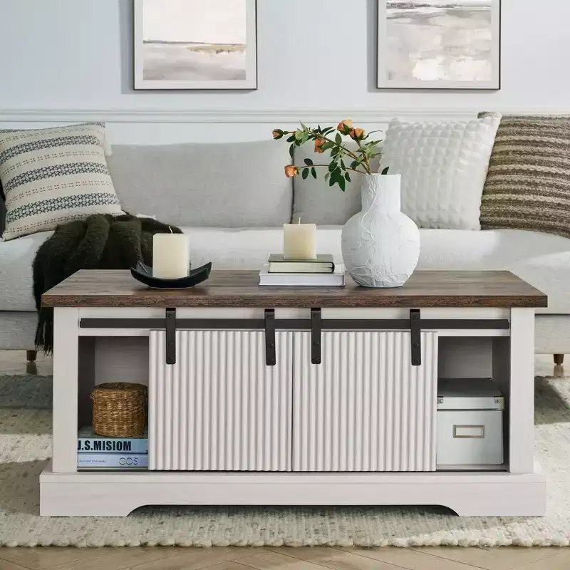 41 Farmhouse Coffee Table with Sliding Barn Door, 3-Cube Storage & Adjustable Shelves, Wood Rectangular Cocktail Table for Living Room