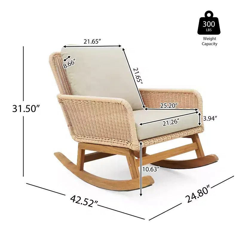 Set of 2 Beige Wicker Rocking Chairs with Polyester Cushions, Wooden Frame, Generous Seat, Smooth Rocking Motion for Indoor or Outdoor