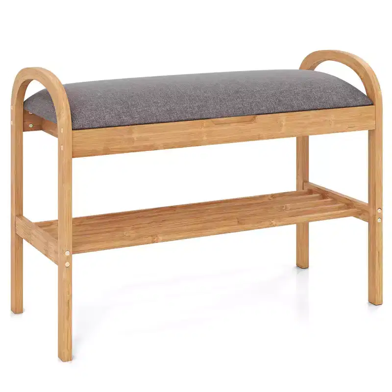 Bamboo Entryway Shoe Bench with Flip-Top Storage, Padded Cushion & 2-Tier Shoe Rack