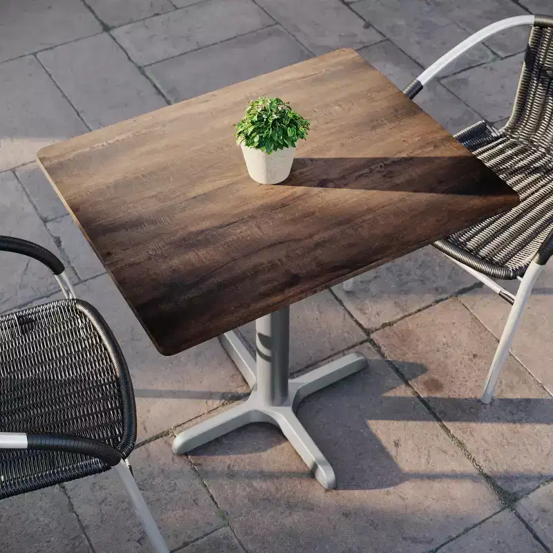 Indoor Outdoor All-Weather Tabletop with HPL Surface and Cast Iron Bistro Table Base