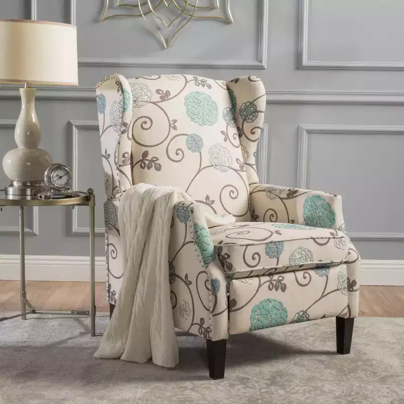 Christopher Knight Home Wescott Contemporary Fabric Wingback Pushback Recliner, Light Beige and Blue Floral