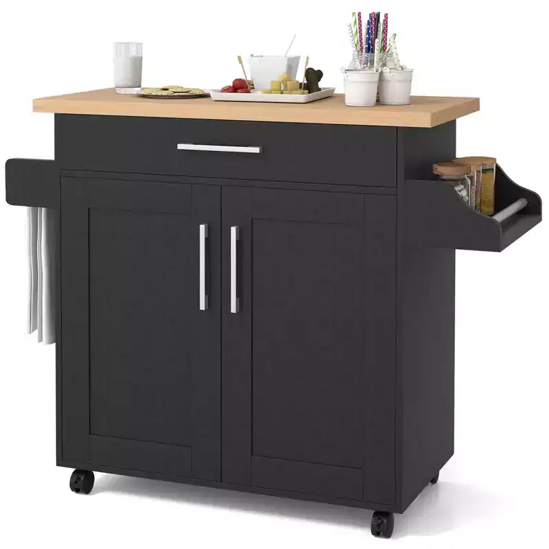 Rolling Kitchen Island Cart Storage Cabinet w/ Towel & Spice Rack White/Black/Cherry/Gray