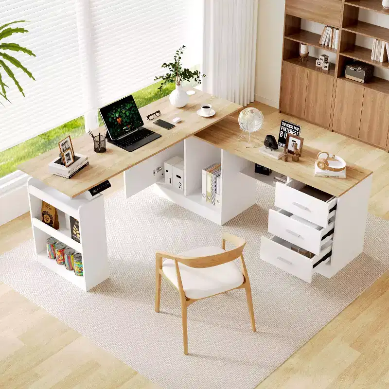 Height-Adjustable Computer Desk Office Desk Standing Desk: L-Shaped Spacious Desktop, Storage Cabinets