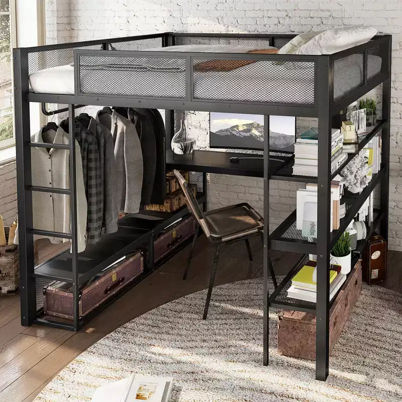 Bellemave Queen Metal Loft Bed with Desk, Storage Shelves & Hanging Rod, Space-Saving Loft Bed Frame with Guardrails & Ladder, No Box Spring, Black