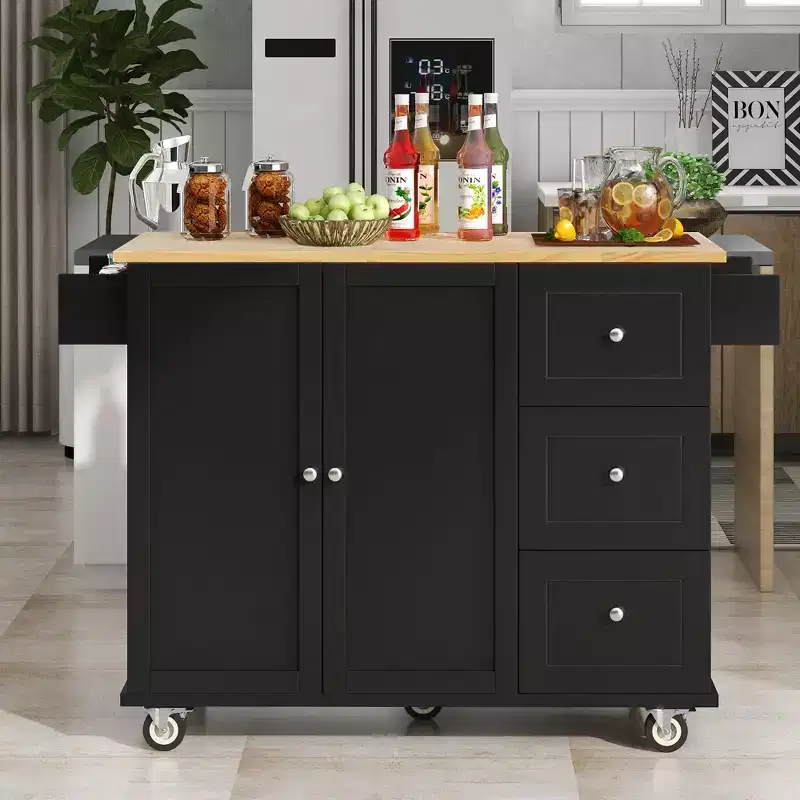 Rolling Kitchen Island with Solid Wood Top, Drop Leaf Bar, Locking Wheels, Storage Cabinet, Spice Rack, Towel Rack and Drawer, 52.7 Inch