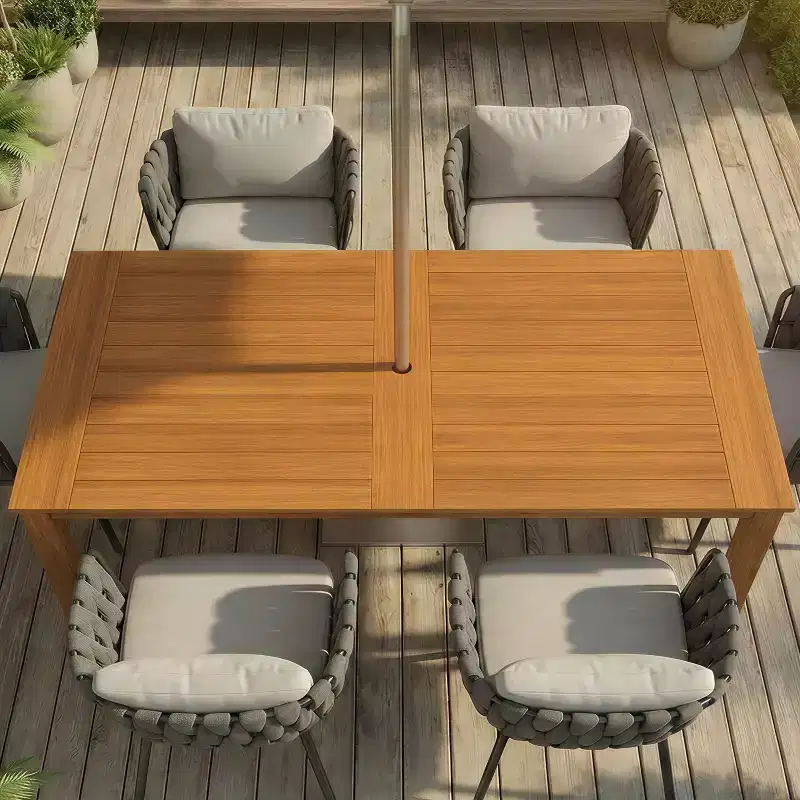 Famapy Natural Teak Wood Grain HDPE Outdoor Dining Table & Chairs,Weather-Resistant Patio Table with Umbrella Hole,Patio & Backyard Outdoor Set