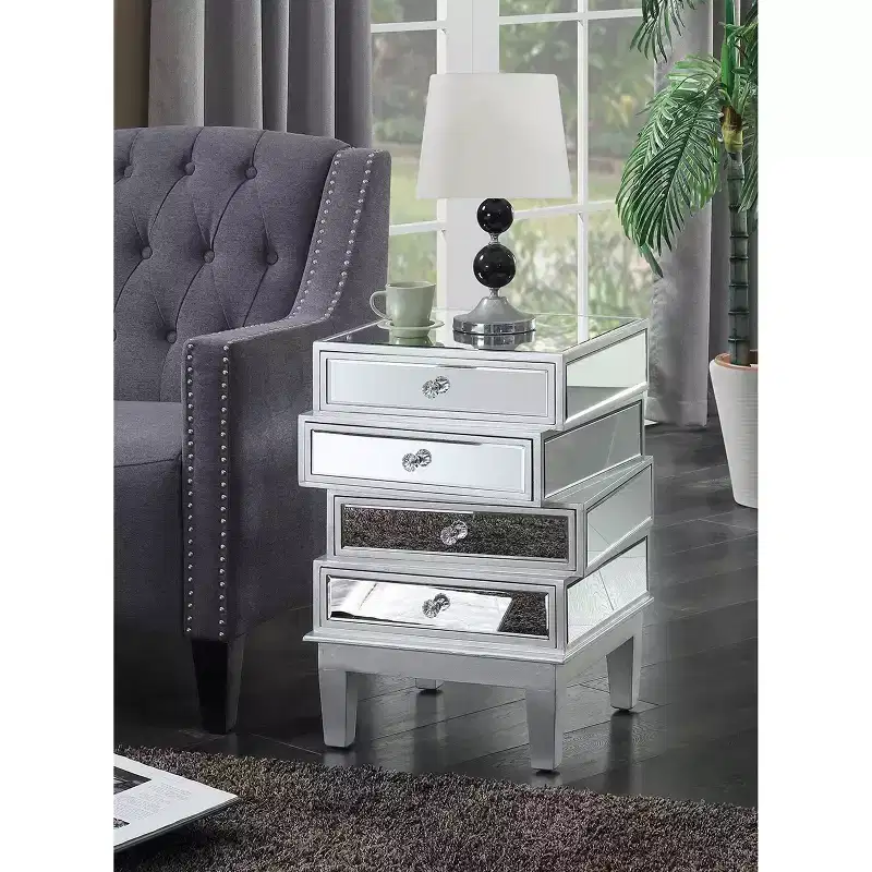 HomeStock Belmont Mirrored End Table with Four Drawers, Contemporary Accent Table with Crystal Knobs and Glass Panels for Living Room Storage