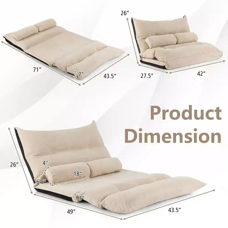 Convertible Lazy Sofa Bed with 42-Level Adjustable Backrest & 2 Lumbar Pillows Gray/Beige