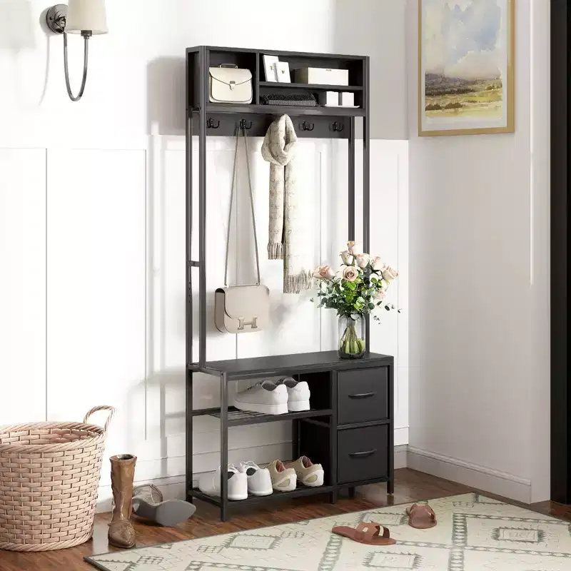 Hall Tree with Bench and Shoe Storage Entryway Coat Rack with Hooks Shelves Fabric Drawers
